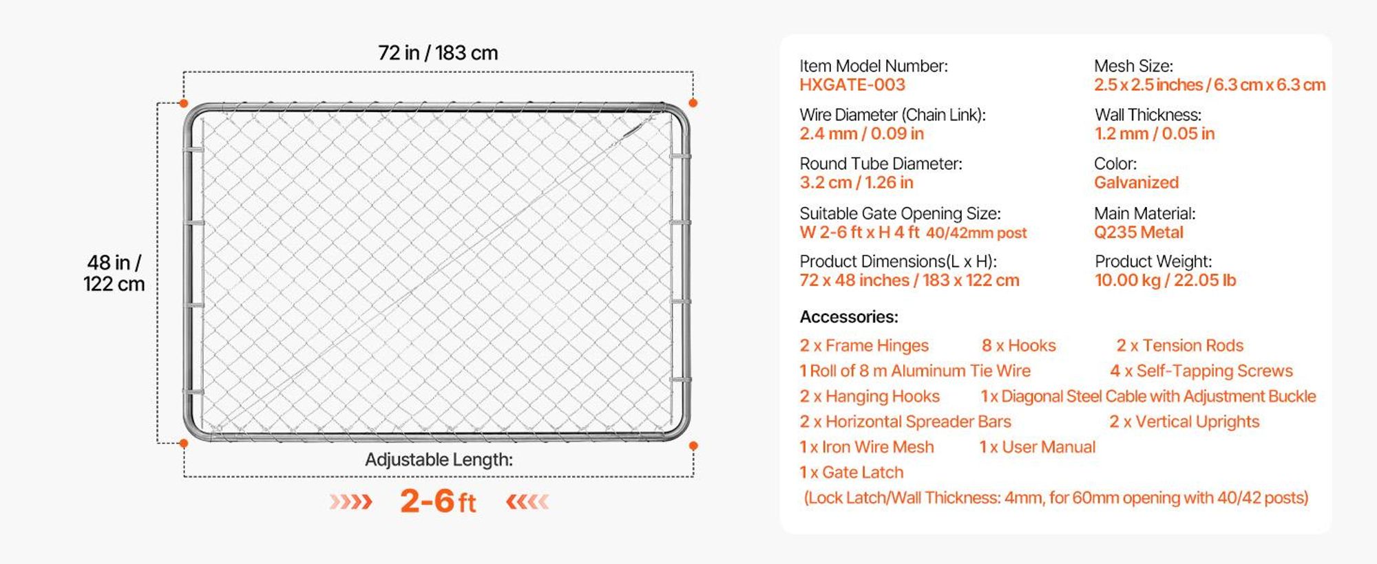 VEVOR Kettengliedzauntor, 72 x 48 Zoll, verstellbares Kettengliedzaunpanel, passend für 2,2-6 ft (B) x 6 ft (H) Gartentoröffnung, rostbeständiges verzinktes Zauntor für den Bauernhof, Pfosten nicht enthalten, 72x48 Zoll