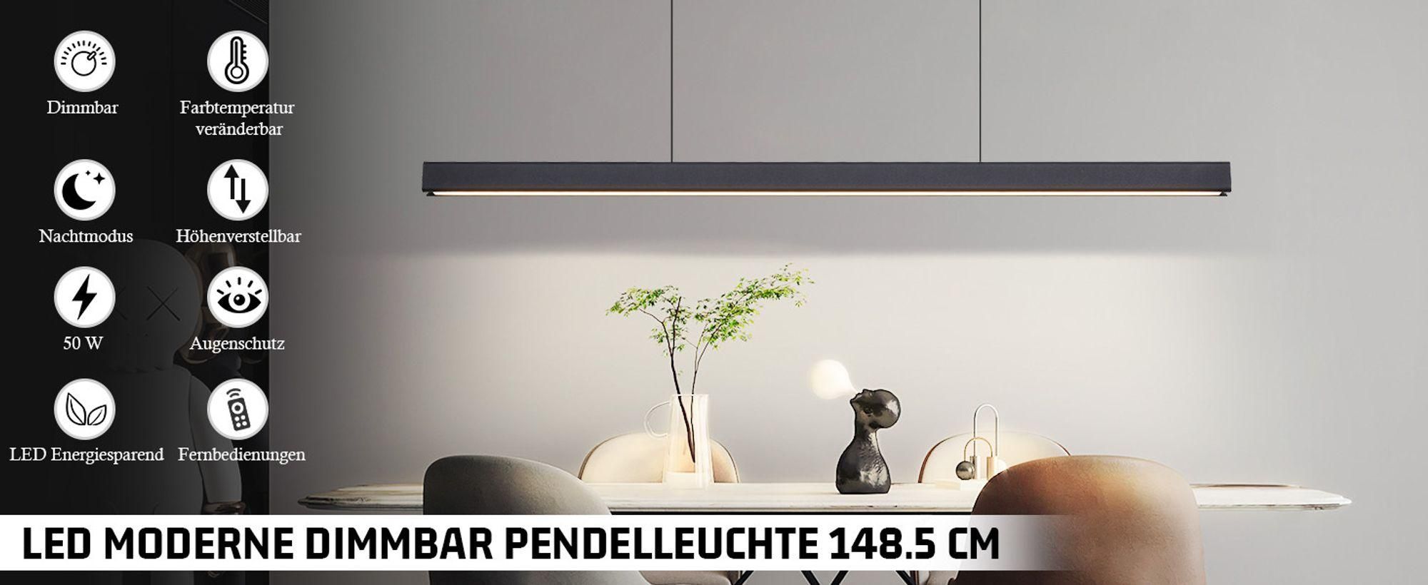 ZMH LED závesné svietidlo Jedáleň Závěsná lampa Stmívateľná Jedálenský stôl Závěsné svietidlo Čierna Diaľkové ovládanie 50W Závěsná lampa 148,5 cm pre kuchyňu Spálňa