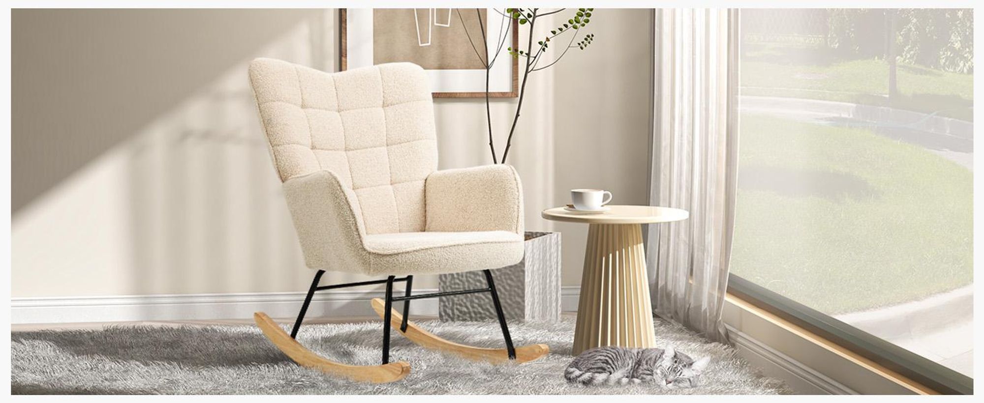 Fotel bujany HOMCOM, fotel relaksacyjny do 120 kg, poliester, beżowy