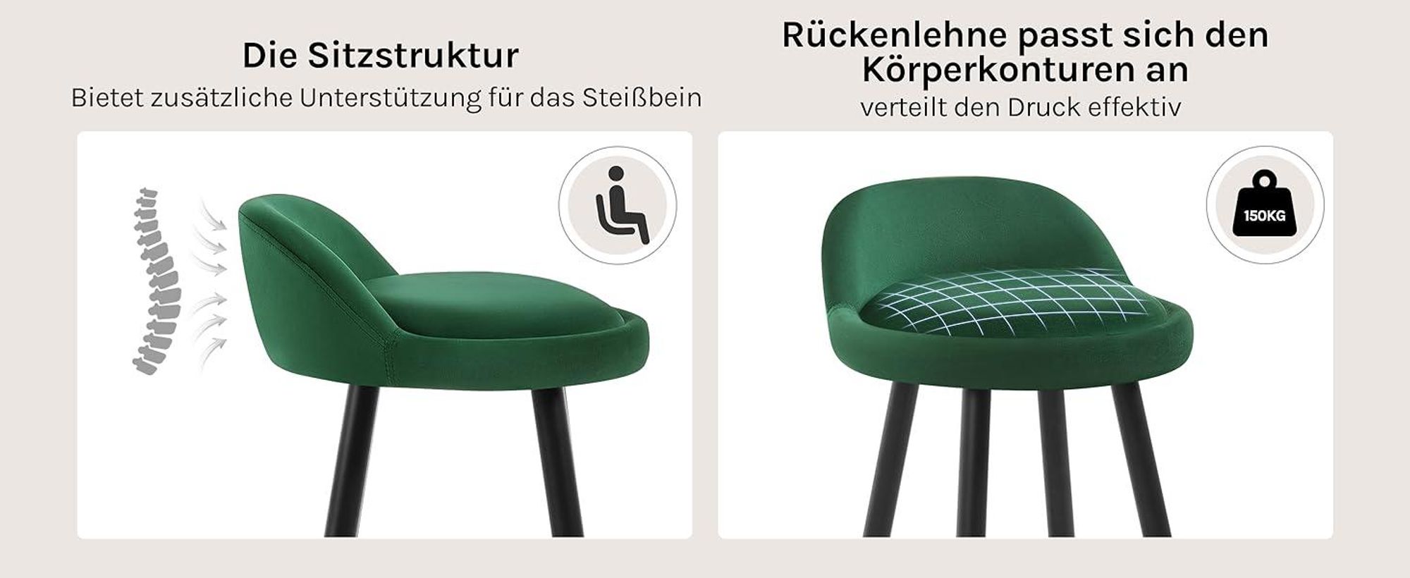 WOLTU Barhocker 2er Set Barstuhl Hocker Tresenhocker Bistrohocker Designer Hocker mit Lehne und Fußstütze aus Samt Metall, Dunkelgrün