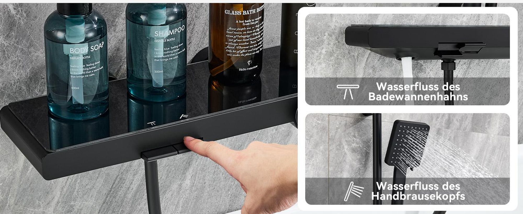 AURALUM Verchromte Wasserfall-Duscharmatur, Duschstange mit Duschkopf, Handbrausekopf mit 6 , Badewannen-Duschset., Badewannenarmatur mit Duschsystem