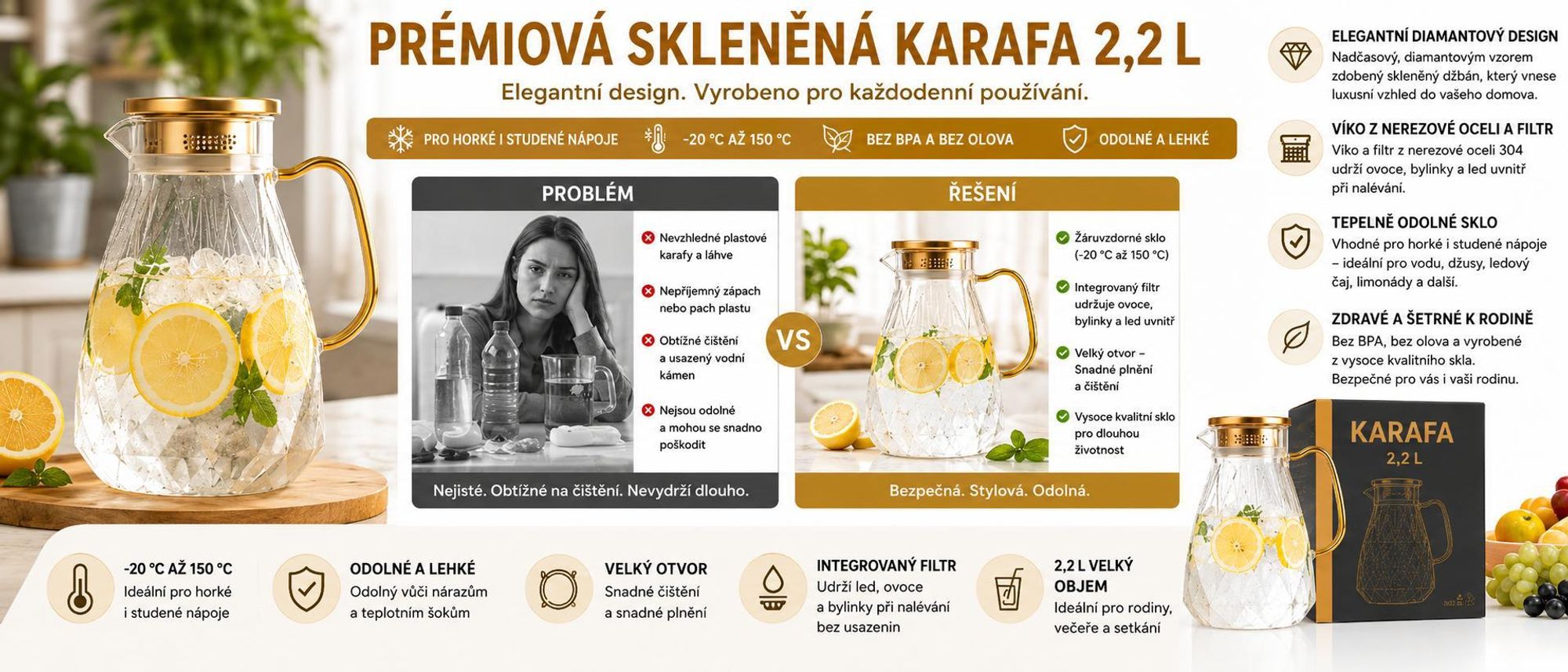 2,2l karafa s diamantovým vzorem z vysoce borosilikátového skla, skleněná karafa s víkem na studenou i horkou vodu – DIAPOUR