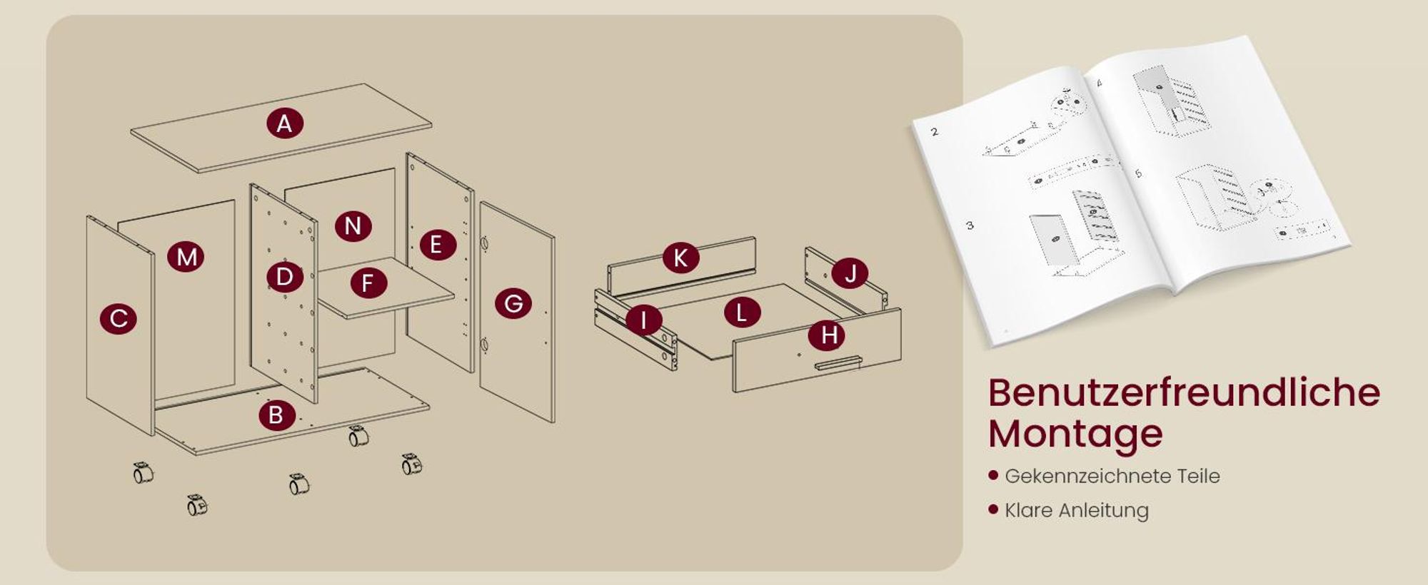 VASAGLE Rollcontainer, Aktenschrank, Schrank mit Tür, Druckerständer, 5 Schubladen, mit werkzeuglosen Gleitschienen, weiß