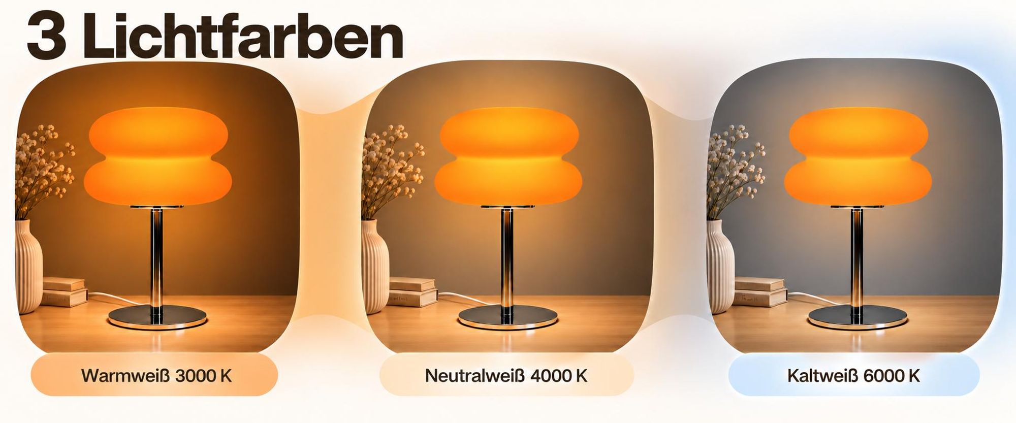 LED-Nachttischlampe im Retro-Design, dimmbare Tischleuchte mit 3 Lichtfarben und Kabelschalter, USB-betrieben, 5 W, Dekotischlampe, Orange