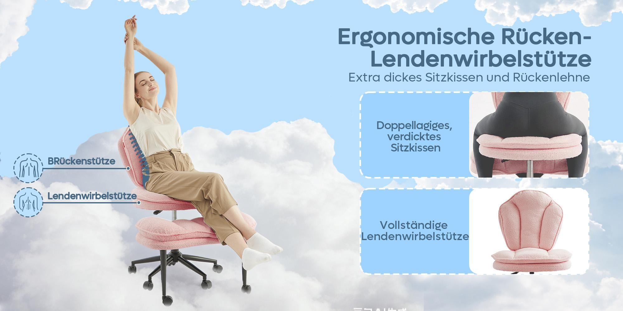 Bürostuhl Ergonomisch, Meditationsstuhl ergonomisch mit Rädern & Lordosenstütze, ADHS-Stuhl, Schreibtischstuhl Computerstuhl Chefsessel, Rosa