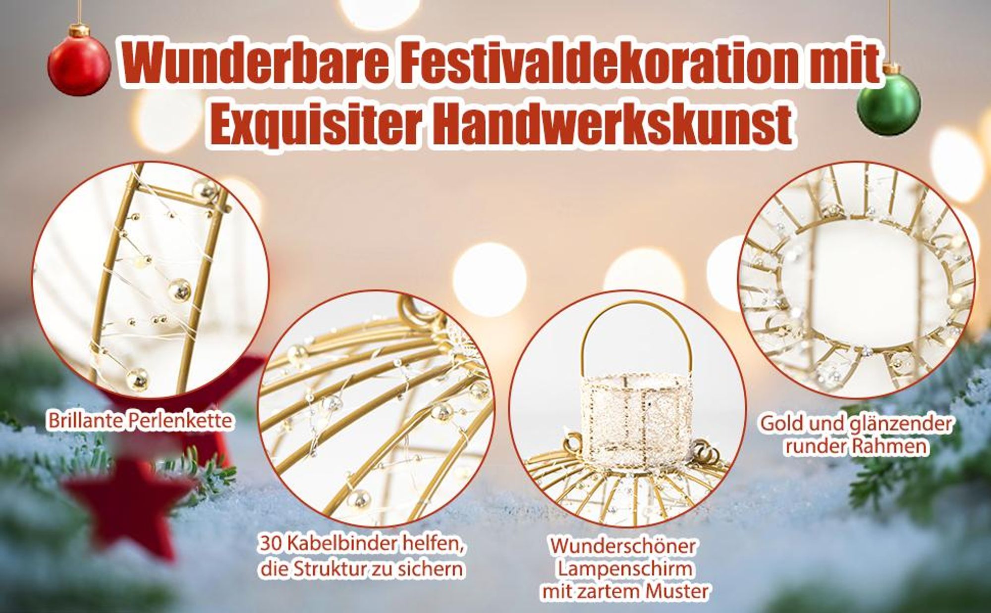 COSTWAY 3er Set LED Dekokugel mit Lichterkette, 180 warmweißen & 180 weißen Lichtern, LED Kugeln zum Hinhängen & Hinstellen, Deko Beleuchtung, Kugelleuchten für Weihnachten
