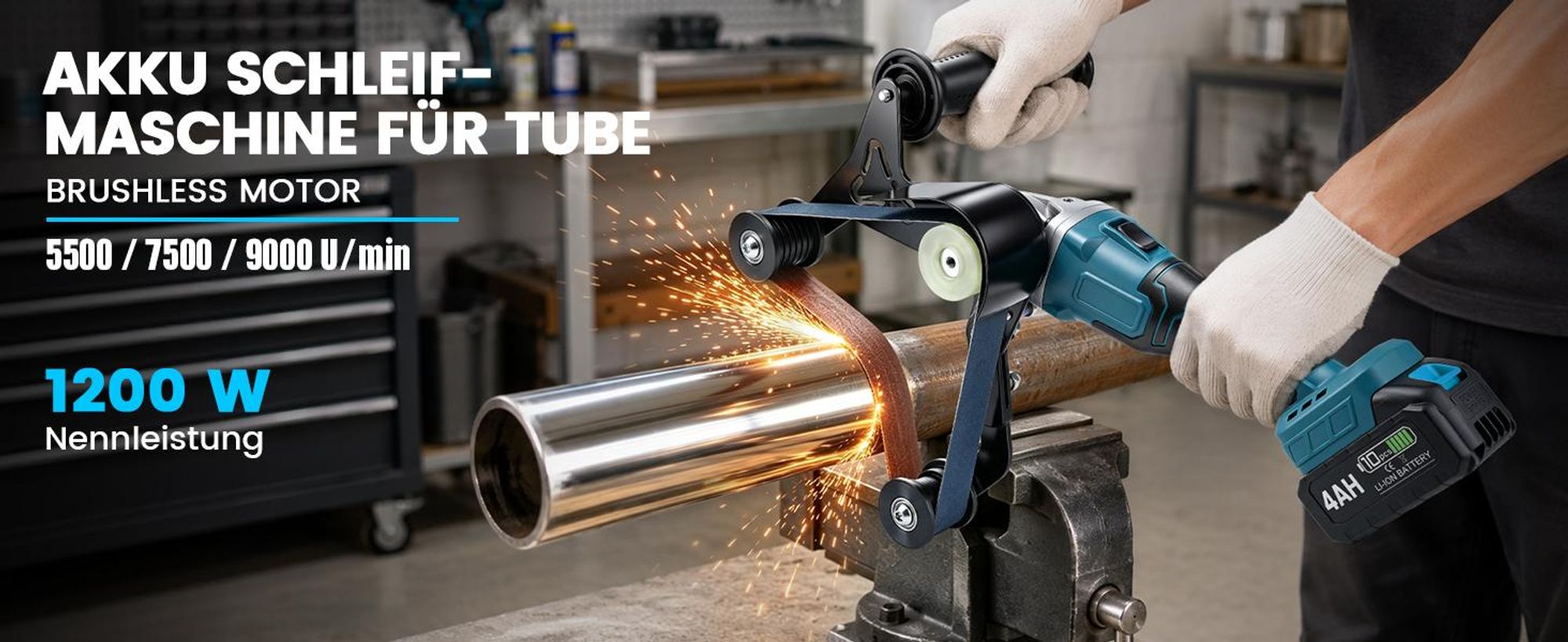 1200W 3-in-1 Akku Rohr-Bandschleifer mit 2×4000mAh Akku, 3Gang 9000U/min, 240° Rohrschleifer Bandschleifer zum Polieren Veredeln Entrosten von Rohren