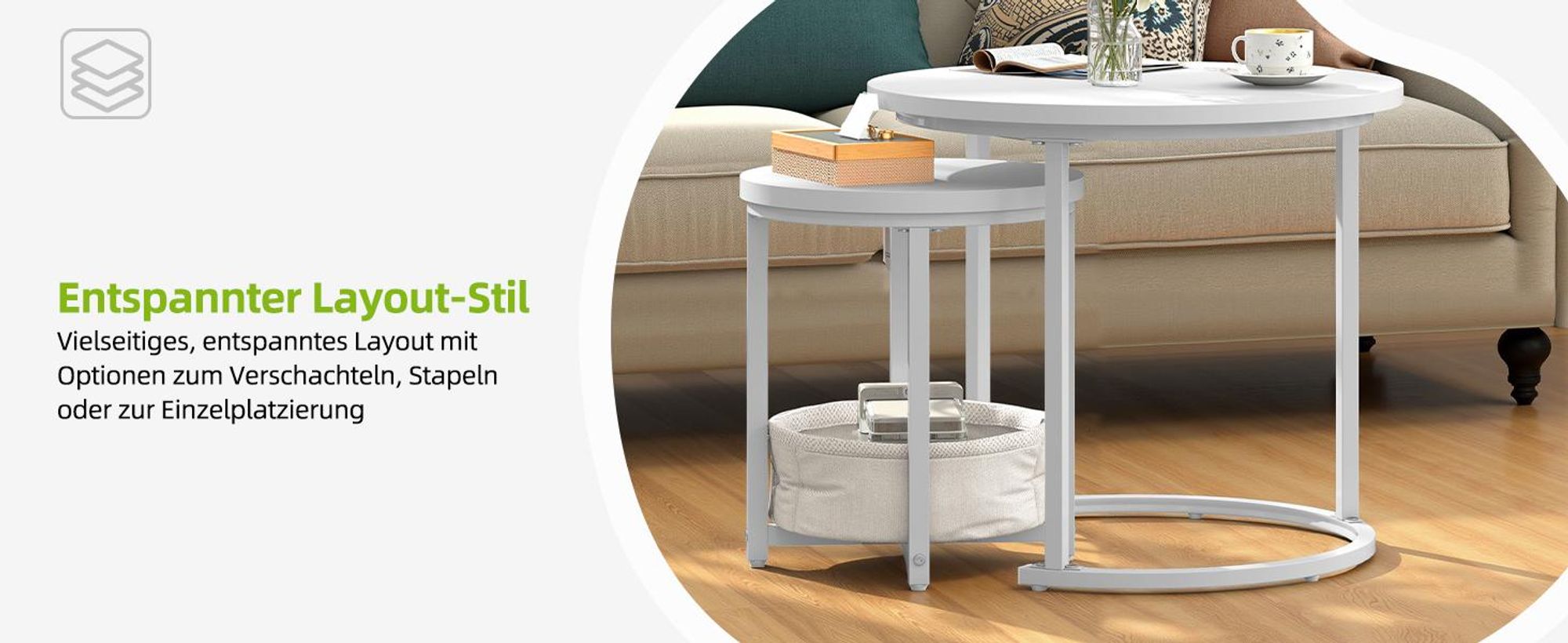 2 tlg. Couchtisch Rund, Nisttisch 2er set Beistelltisch Wohnzimmertisch, 60 cm + 38 cm, Weiß