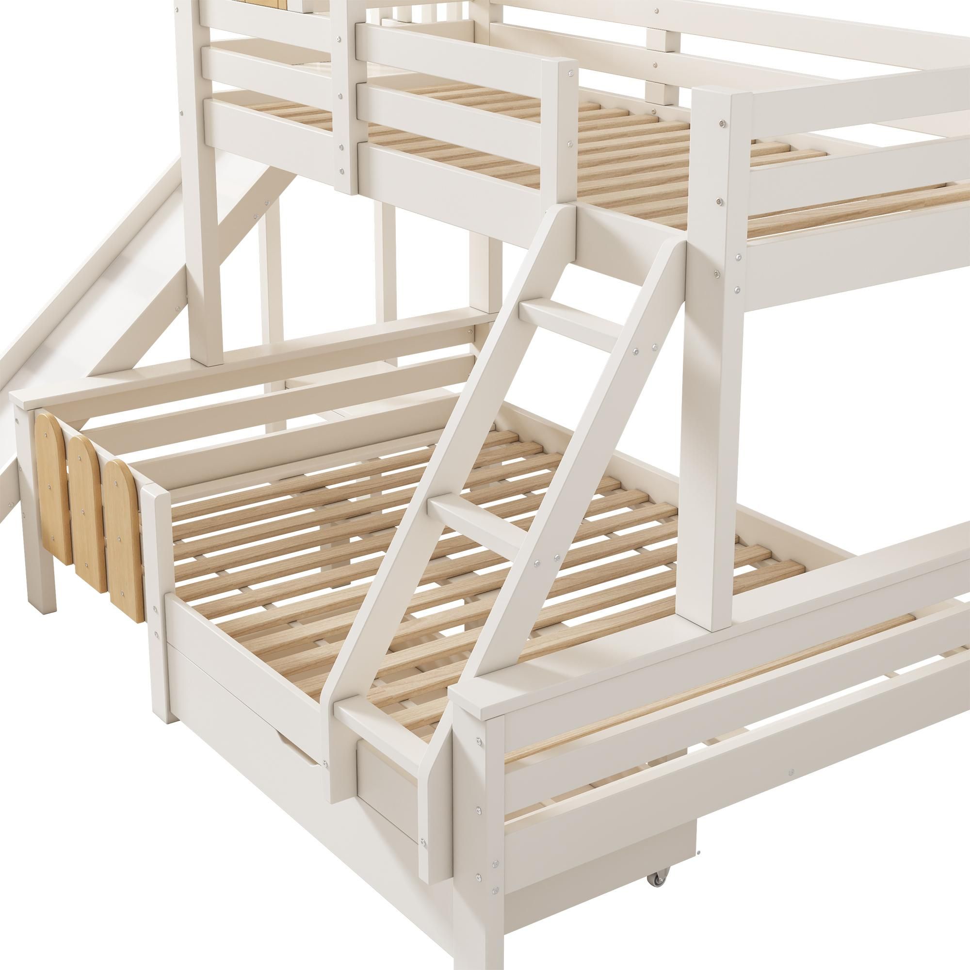 Flieks Etagenbett 90x200cm/140x200cm, Kinderbett Hausbett mit Rutsche, Hochbett mit Schublade, Stockbett Holzbett mit Lattenrost, Weiß