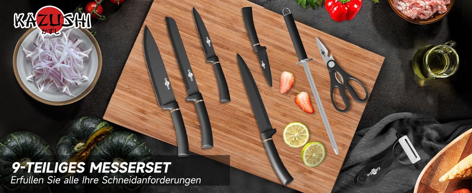 KAZUSHI 9-tlg Messerset mit Drehbare Messerblock, Profi Scharfe Messer Set mit Block, Edelstahl Küchenmesser - Schwarz (KA-KN91)