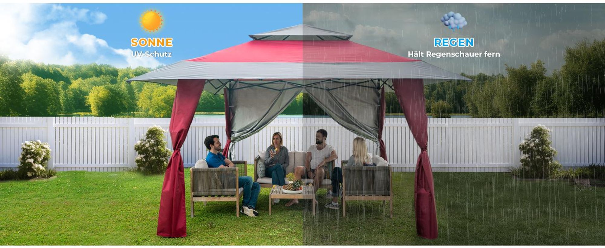 paramondo Faltpavillon Weekend, 4 x 4 m Dach / 3 x 3 m Gestell / anthrazit + 4 Stützenverkleidungen wasserdichtes Doppeldach, 3x3 m Stahlgestell, UV 50+, anthrazit/bordeaux + Transporttasche mit Rollen