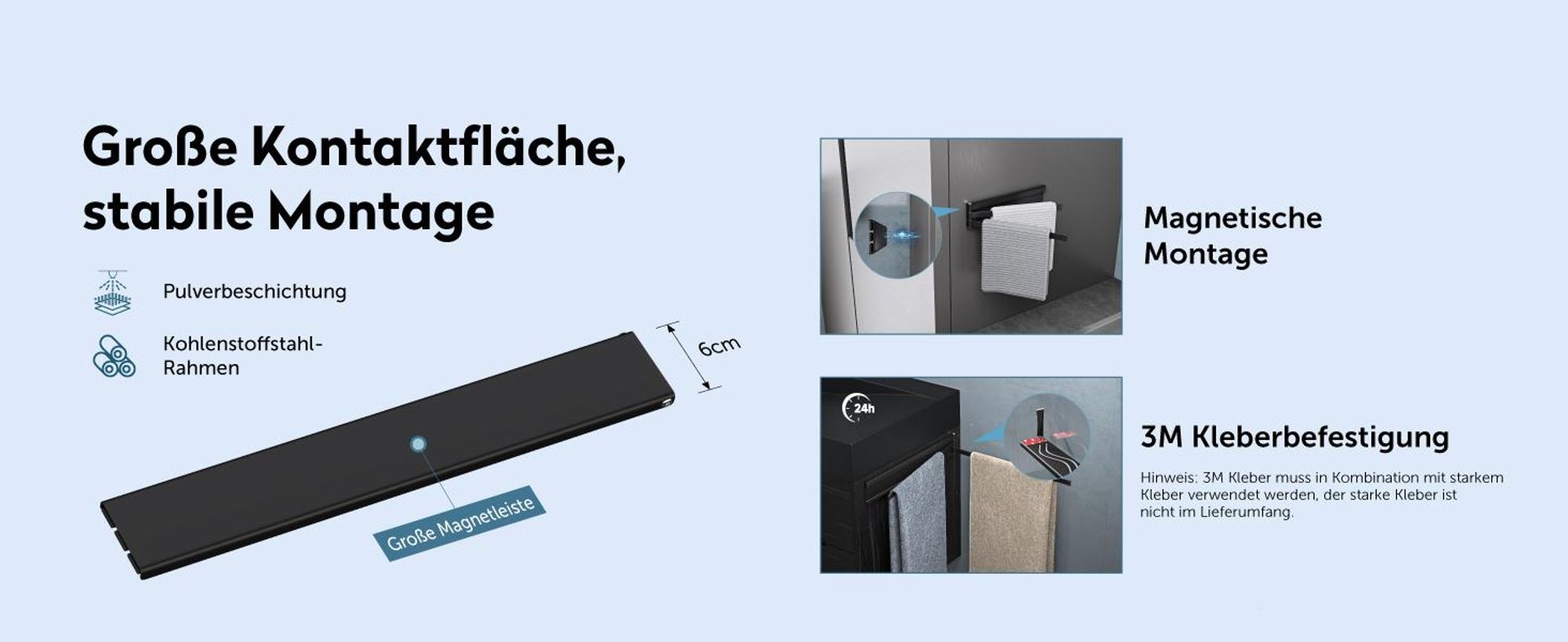 doporro Handtuchhalter ohne Bohren mit Magnet, 180° schwenkbar, 40cm selbstklebende Handtuchstange mit 3 Armen, Wandhalterung Matt Schwarz Folda-02