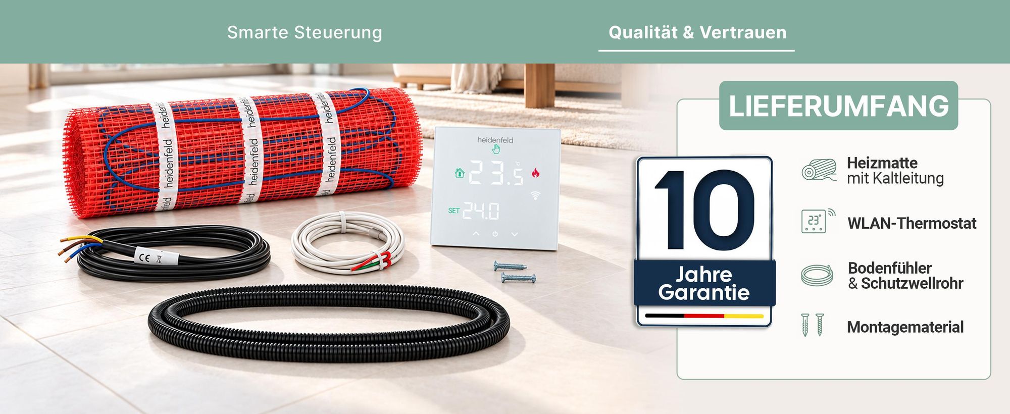 Heidenfeld Elektrische Fußbodenheizung FH200 | Komplettset WLAN Thermostat - 200 W/m² - Elektroheizung - Bodenheizung - Flächenheizung - 7 m²