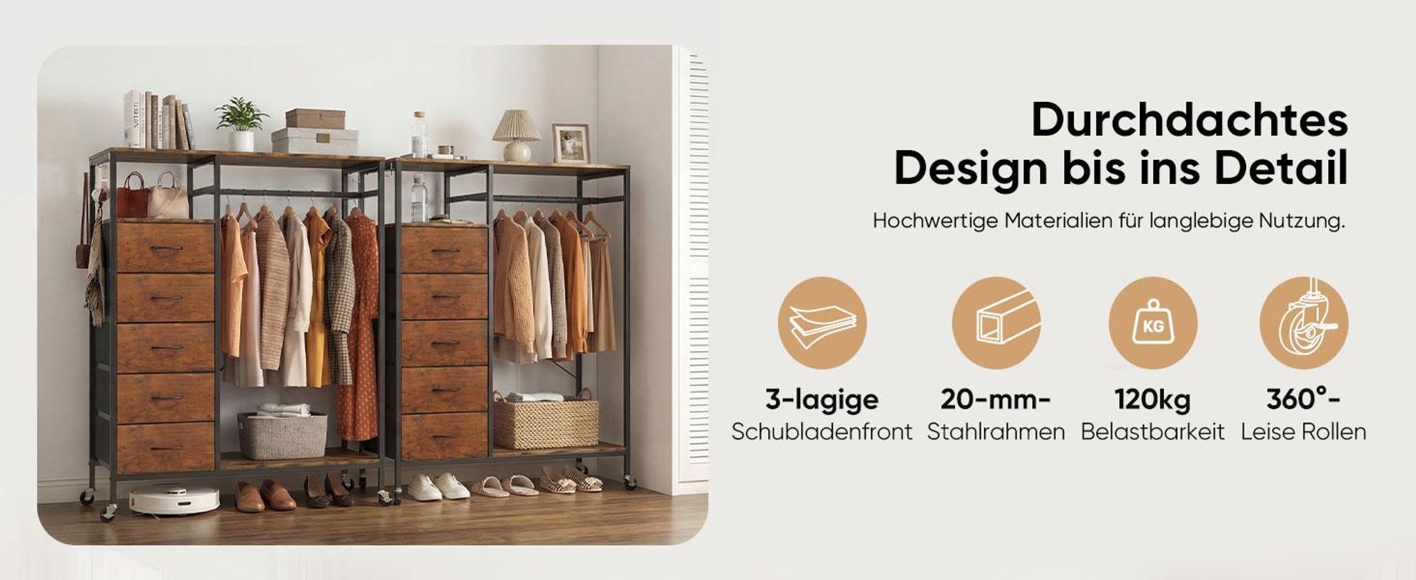 HOKEEPER Kleiderständer, offener Kleiderschrank, Kleiderständer auf Rollen, Kleiderstange, fahrbarer Kleiderständer mit Schubladen, Haken, Braun