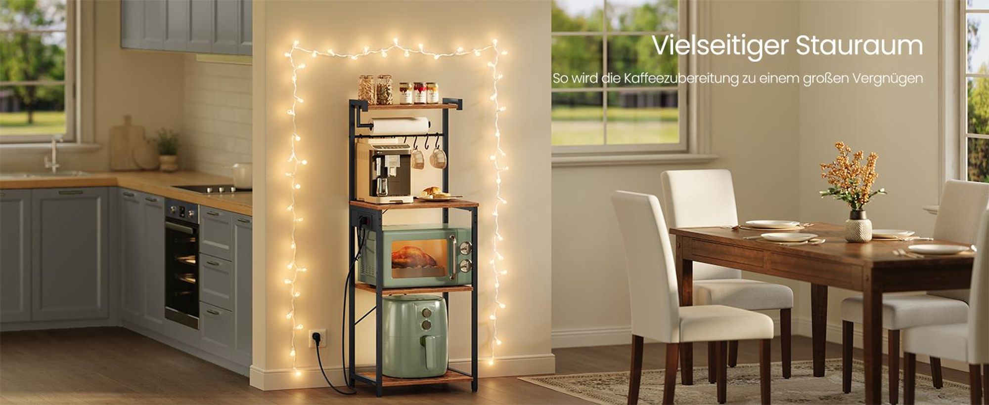 VASAGLE Standregal mit 4 Ebenen, Küchenregal mit Ladestation, 8 Haken, 40 x 45 x 140 cm, braun-schwarz