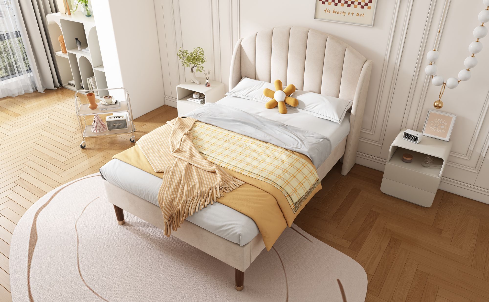 MODFU Polsterbetten 90x200cm, Einzelbet Jugendbett Massivholzbett mit Samtbezug(Ohne Matratze),Beige
