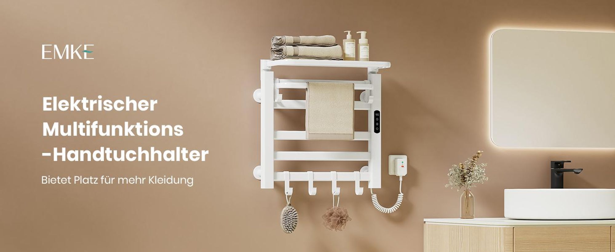 EMKE Handtuchwärmer Elektrisch WIFI Handtuchtrockner Doppelreihe Flachrohr mit Ablage & Haken 500×500 mm 140W Tuya Alexa Weiß Glänzend