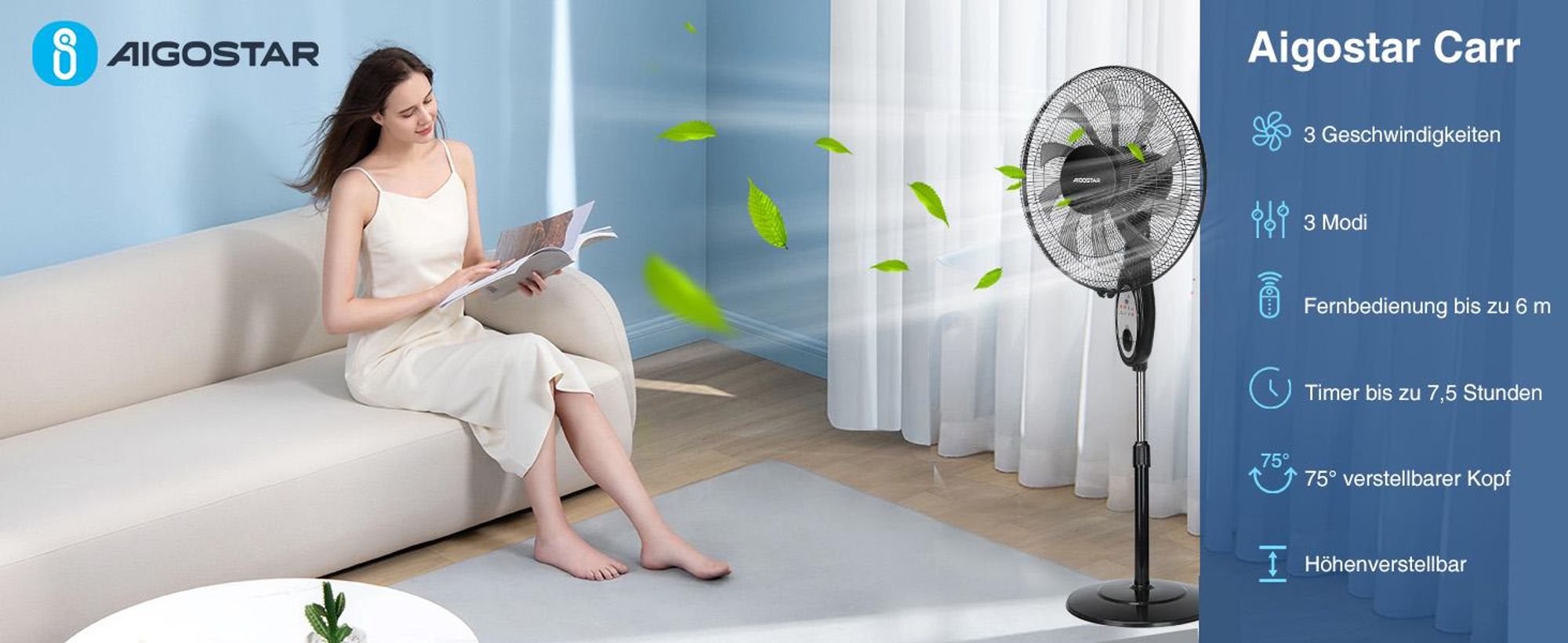 Aigostar Leise Ventilator mit Fernbedienung, 80° Oszillation,7,5H Timer, 3 Modi