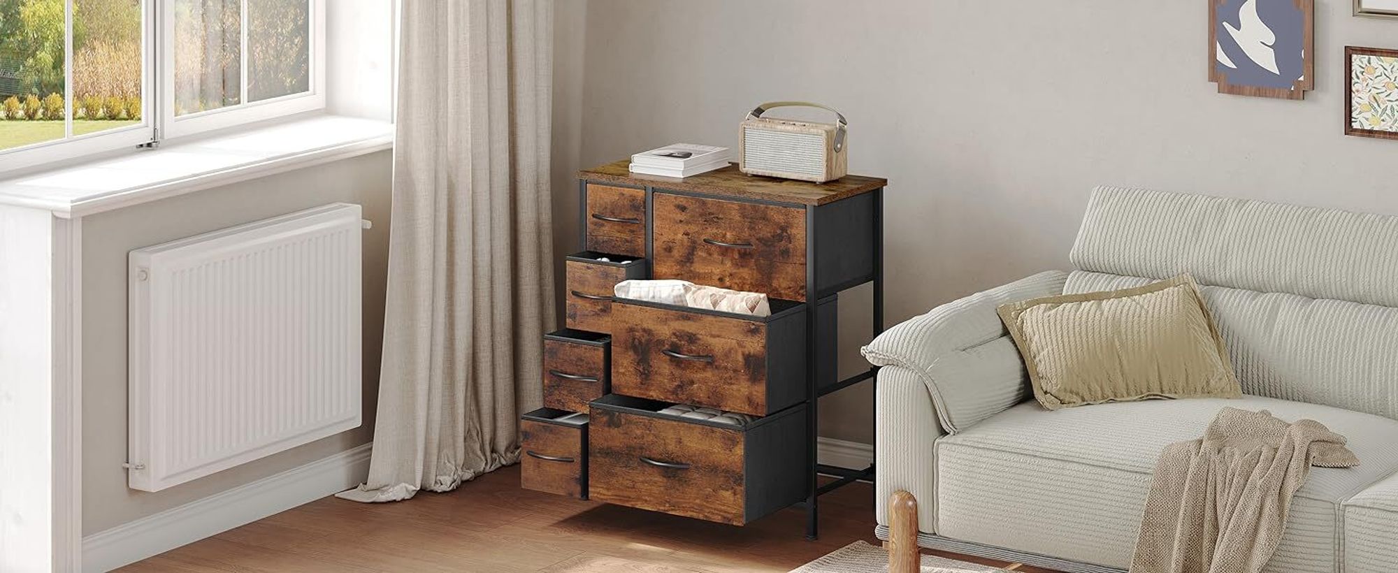 WOLTU Kommode mit 7 Schubladen aus Stoff, Sideboard, Metallrahmen, Industrial Stil