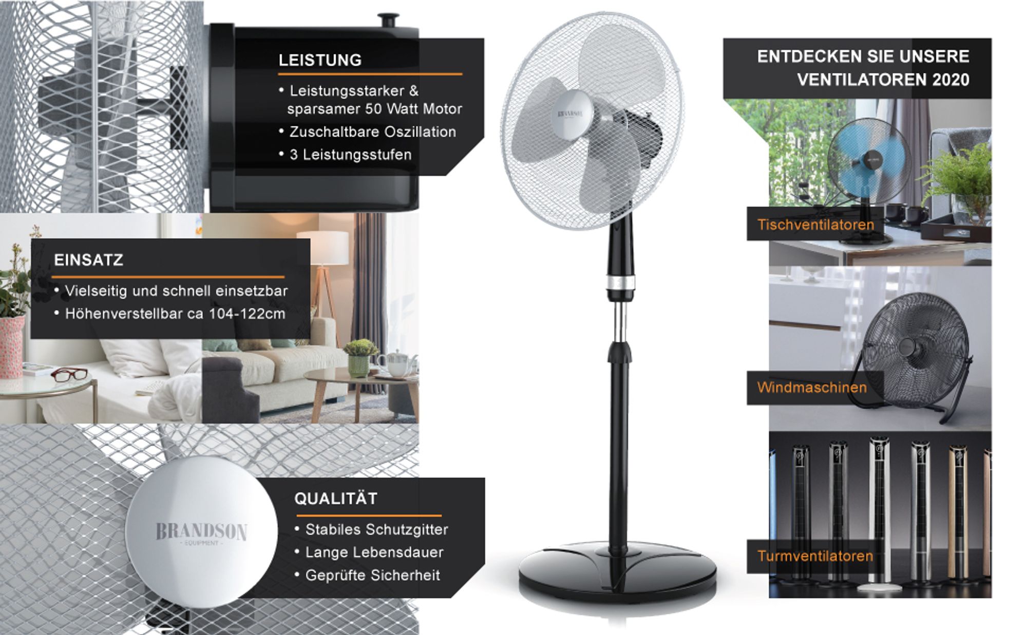 Standventilator in Silber-Schwarz im Schlafzimmer mit Gitter-Detail und Infos zu Luftdurchsatz