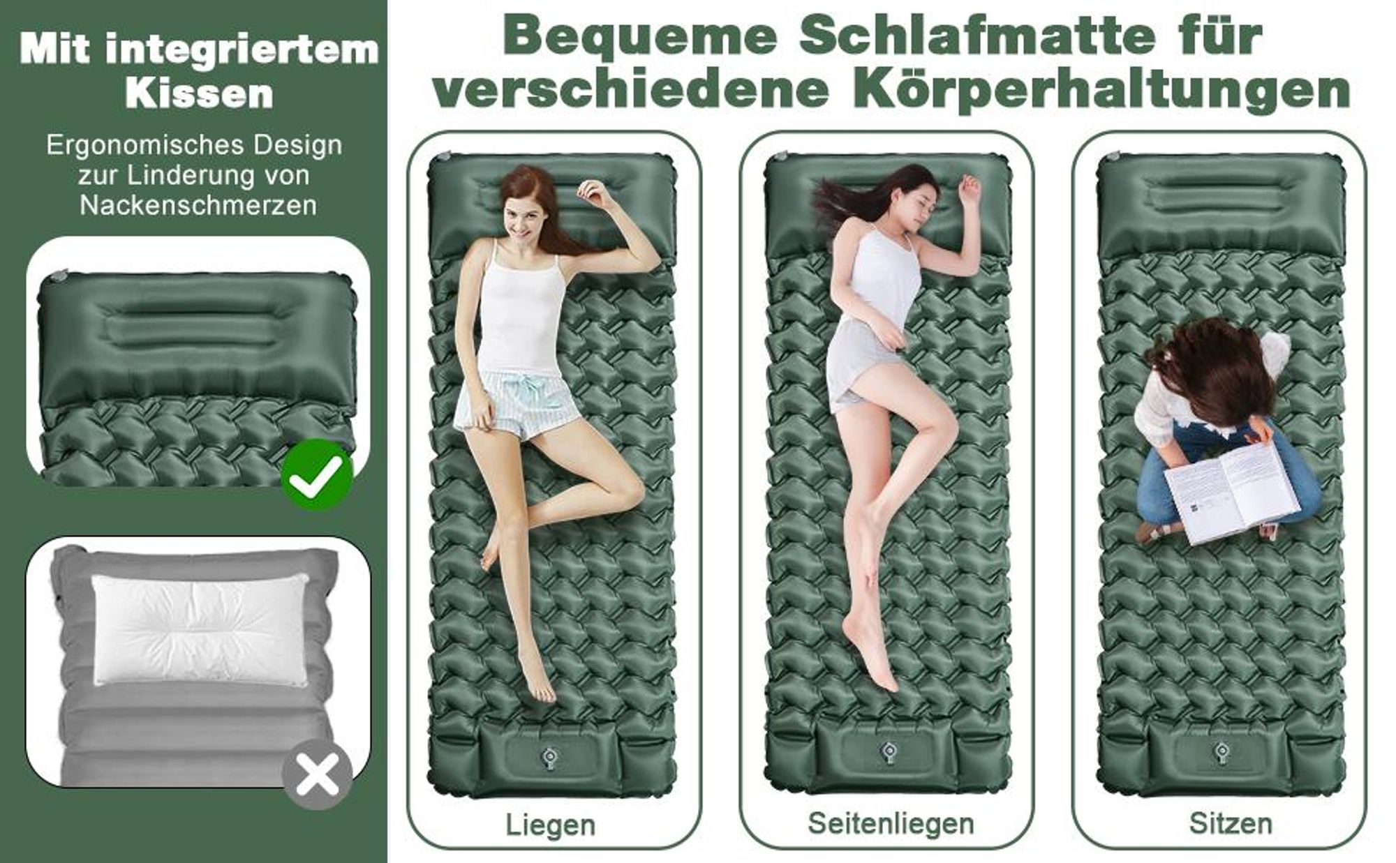 Camping Isomatte, Luftmatratze Selbstaufblasend, Schlafmatte mit Kissen & Fußpumpe, 2m Kompakte Leichte Schlafmatte für Camping Rucksackreisen Wandern