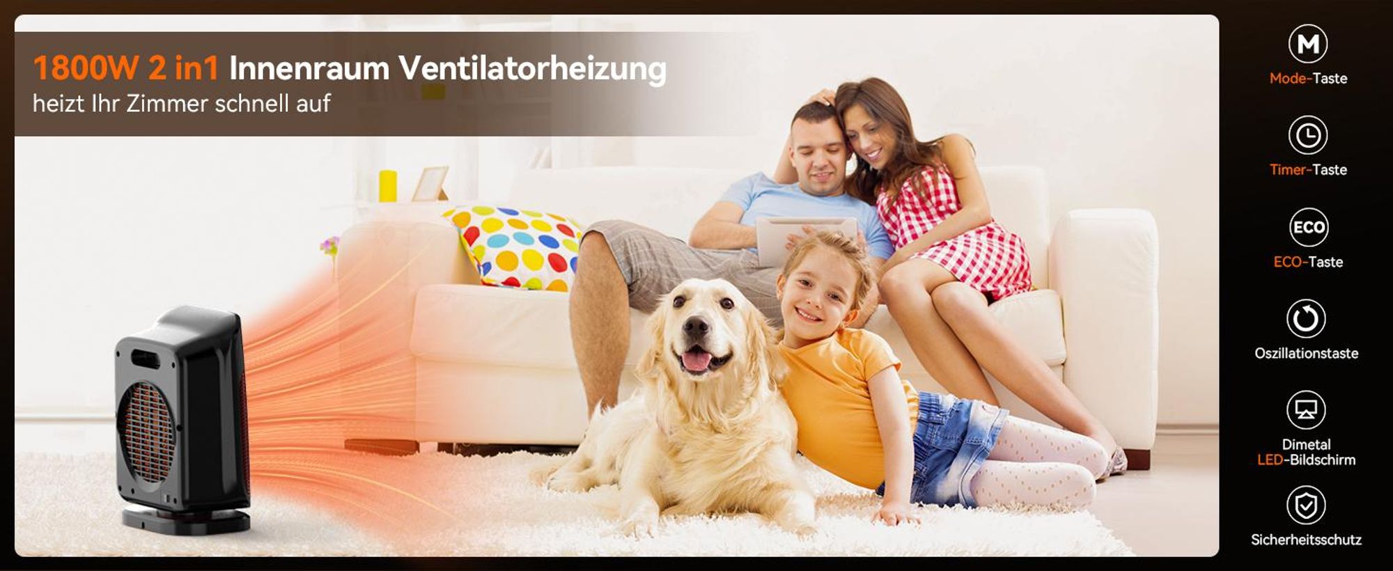 YASHE Heizlüfter, 1800W PTC Keramik-Heizlüfter, Elektrischer Heizung Energieeffi