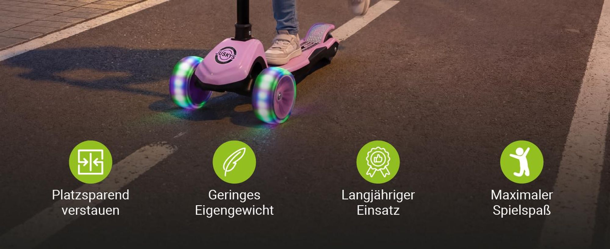 JUSKYS® Kinderroller Lumox - Rosa, LED Räder, höhenverstellbarer Kinderscooter