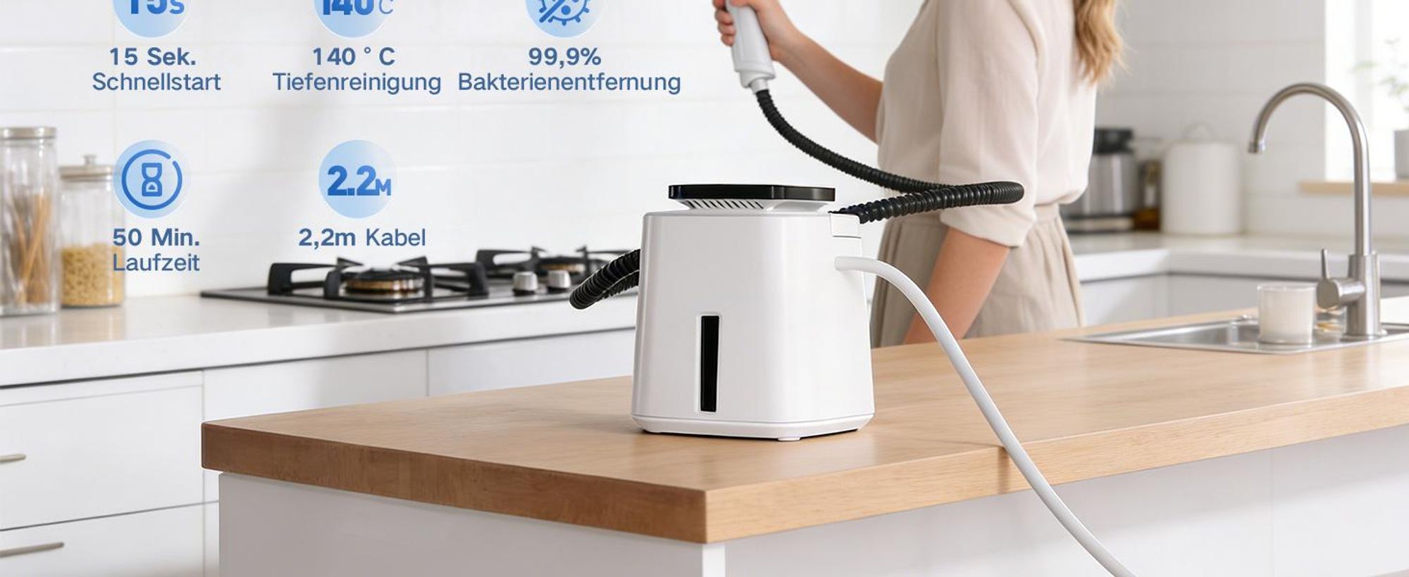 1500W Dampfreiniger mit 1,55L XL-Wassertank & 15s Aufheizung – Handdampfreiniger mit LED-Display & 4 Stufen – Tragbarer Hochdruck-Dampfreiniger 4 Bar