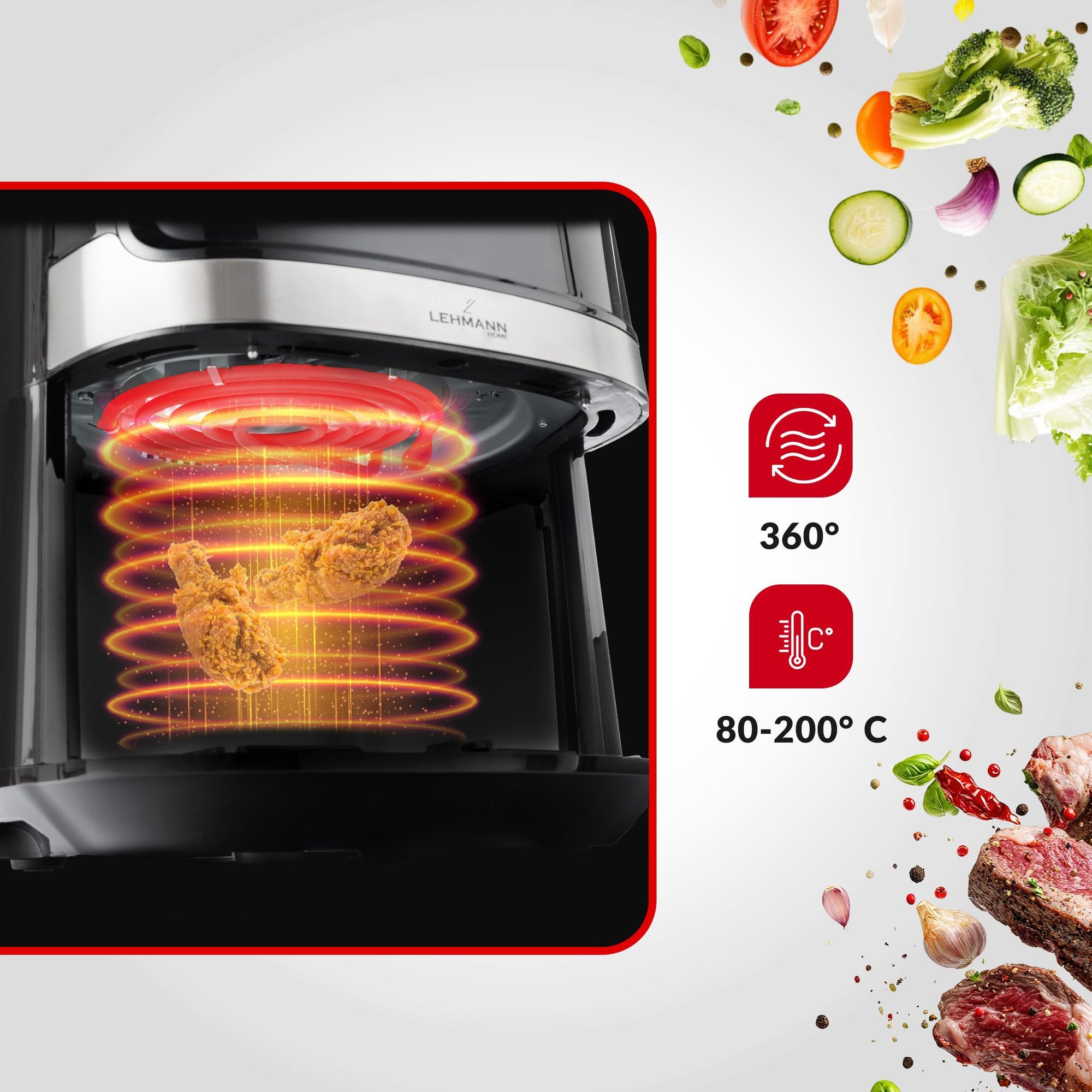Frytkownica beztłuszczowa LEHMANN PURE kompaktowa frytownica 6,5l. Air Fryer 1700W, wyjmowany kosz, 80–200°C