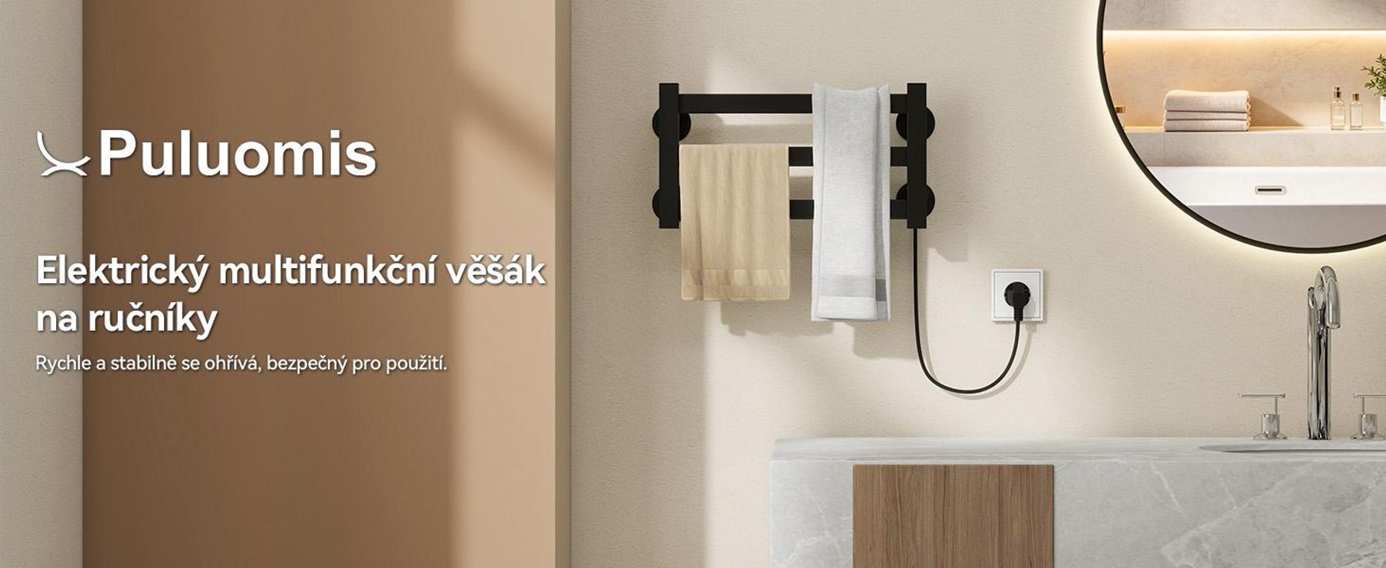 Elektrický topný žebřík Puluomis, vyhřívač na ručníky s jednokomorovým spínačem, konstantní teplota 55°C, vodotěsný (IPX4), koupelnový topný žebřík, rozměry 40x21,6 cm, černá barva