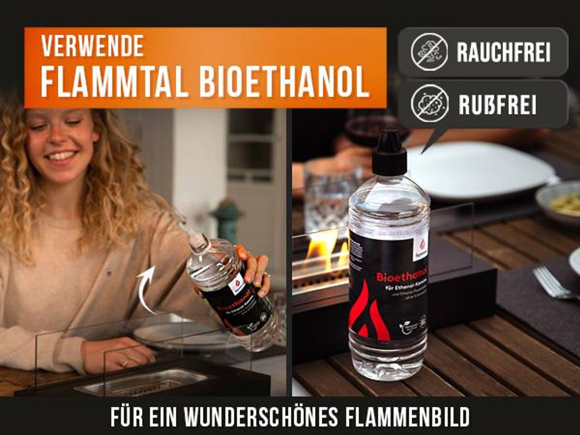 Flammtal [Das Original] Bioethanol Tischkamin XL 35 cm [3h Brenndauer] – Tischfeuer für Indoor & Outdoor – Mit verstellbarer Flamme – Ethanolkamin