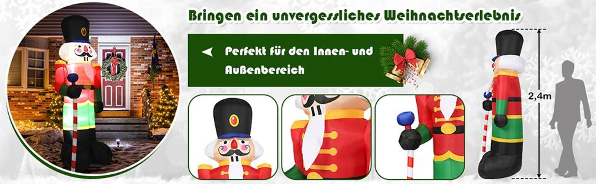 COSTWAY 240cm Nussknacker-Soldat aufblasbar, Weihnachtsmann Soldat, Weihnachtsdekoration mit 3 LED-Leuchten, Gebläse und Sandsäcke