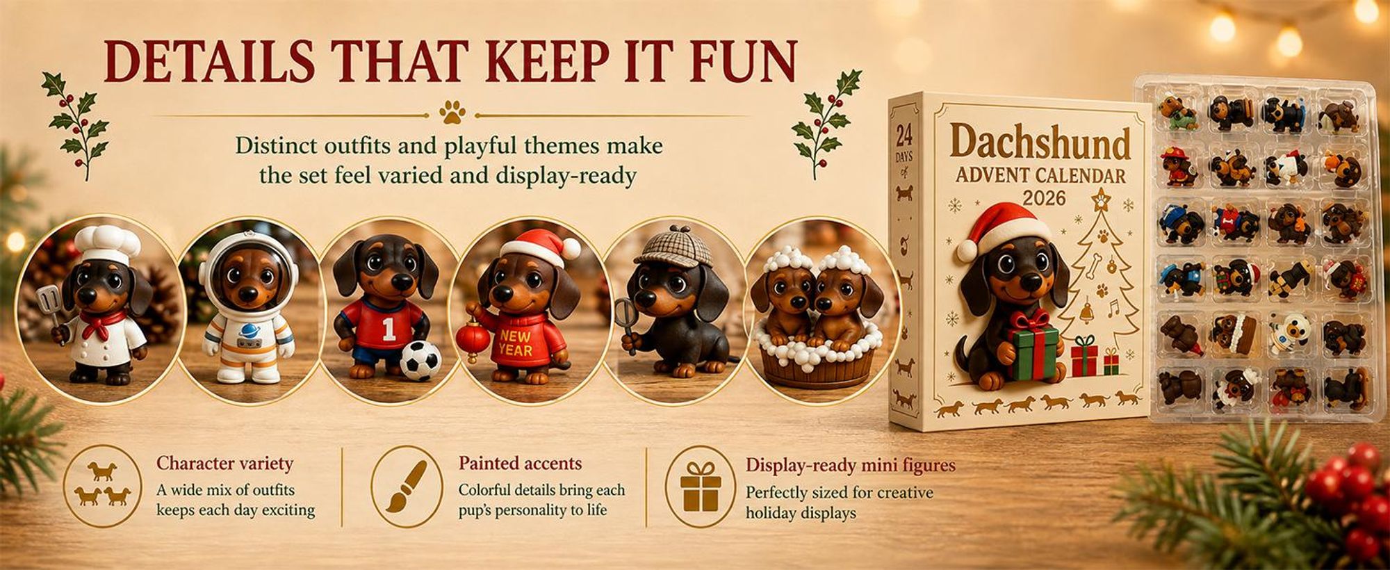 3D Dackel Adventskalender 2026 – 24 Figuren zum Sammeln, Weihnachtsbaumschmuck & Tischdeko für Dackel-Fans