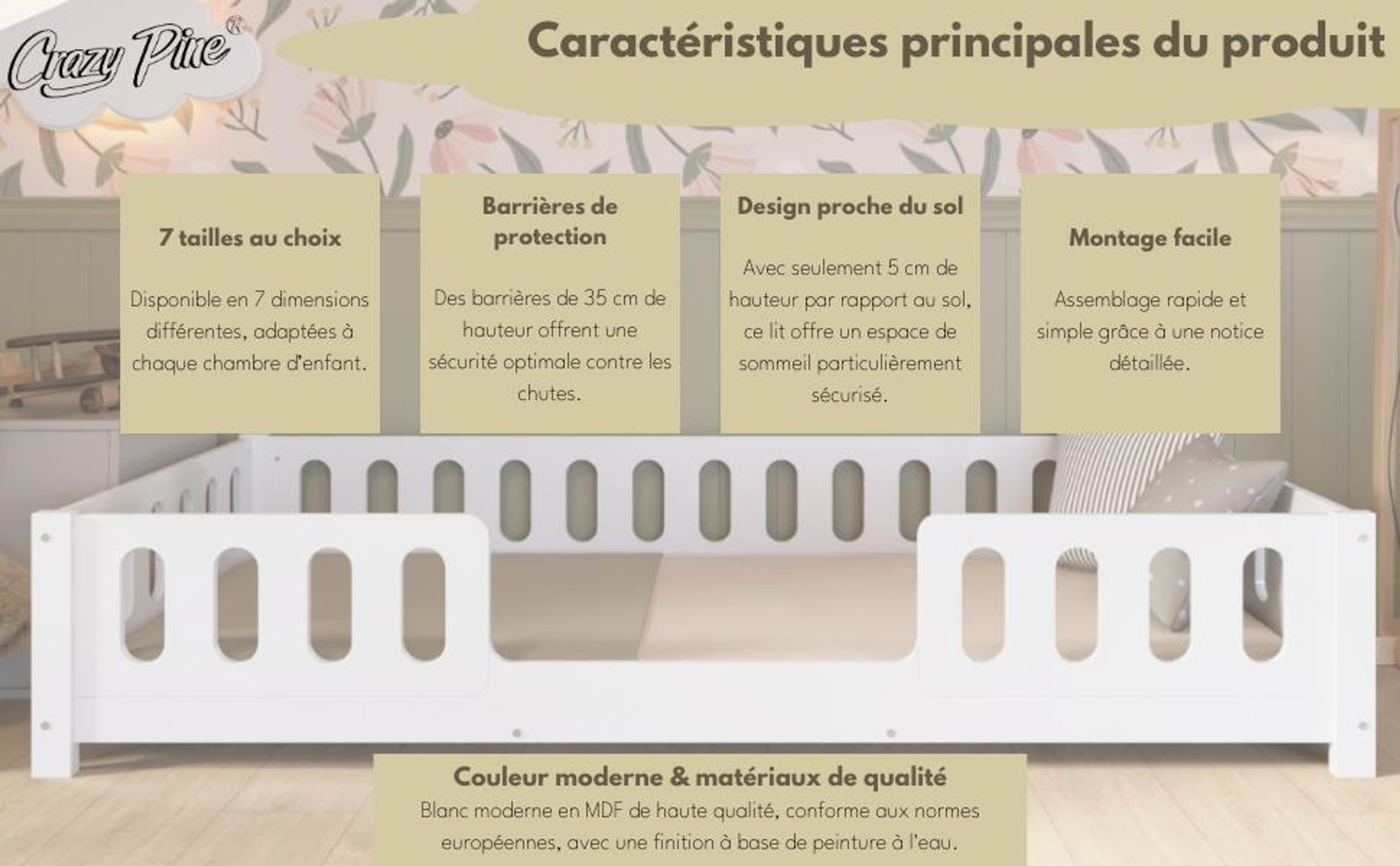 Crazy Pine Lit d'enfant 80x160 cm - Lit de sol Montessori blanc en MDF - Lit pour tout-petits avec bords arrondis, entrée à droite - Crazy Ethan