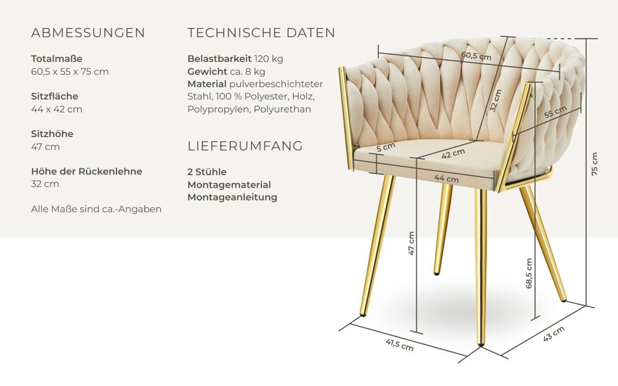 tectake® Set Esszimmerstuhl Astano gepolstert, mit Samtbezug, Knotendesign 60,5 x 55 x 75 cm