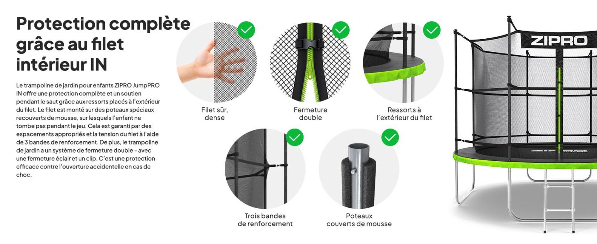 Trampoline ZIPRO Jump Pro IN | 10FT Ø 312 cm | Trampoline de jardin Trampoline pour enfants Kit complet avec filet intérieur, échelle et housse de protection, extérieur, vert