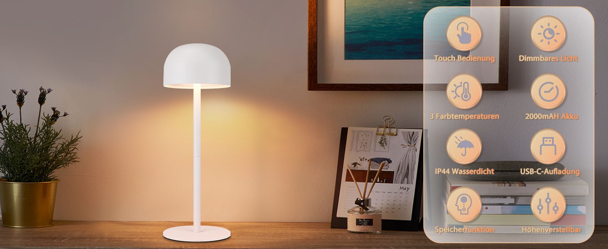 ZMH 2ER LED Tischlampe weiß Kabellos nachttischlampe Touch Dimmbar USB Tischleuchte Akku mit 3 Farbtemperaturen Aufladbar Höhenverstellbar
