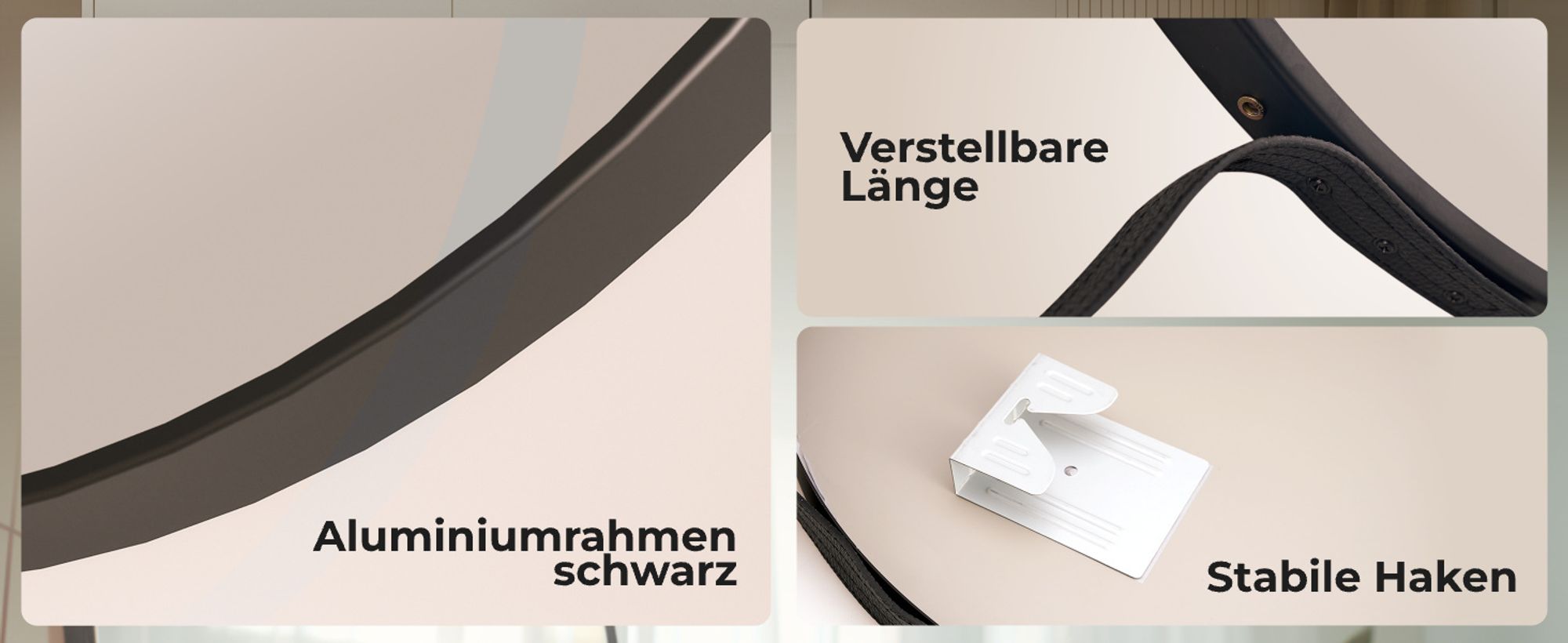 Heilmetz Wandspiegel 60cm Rund Spiegel mit Schwarzer Spiegelgürtel Matte Metallrahmen Hängespiegel