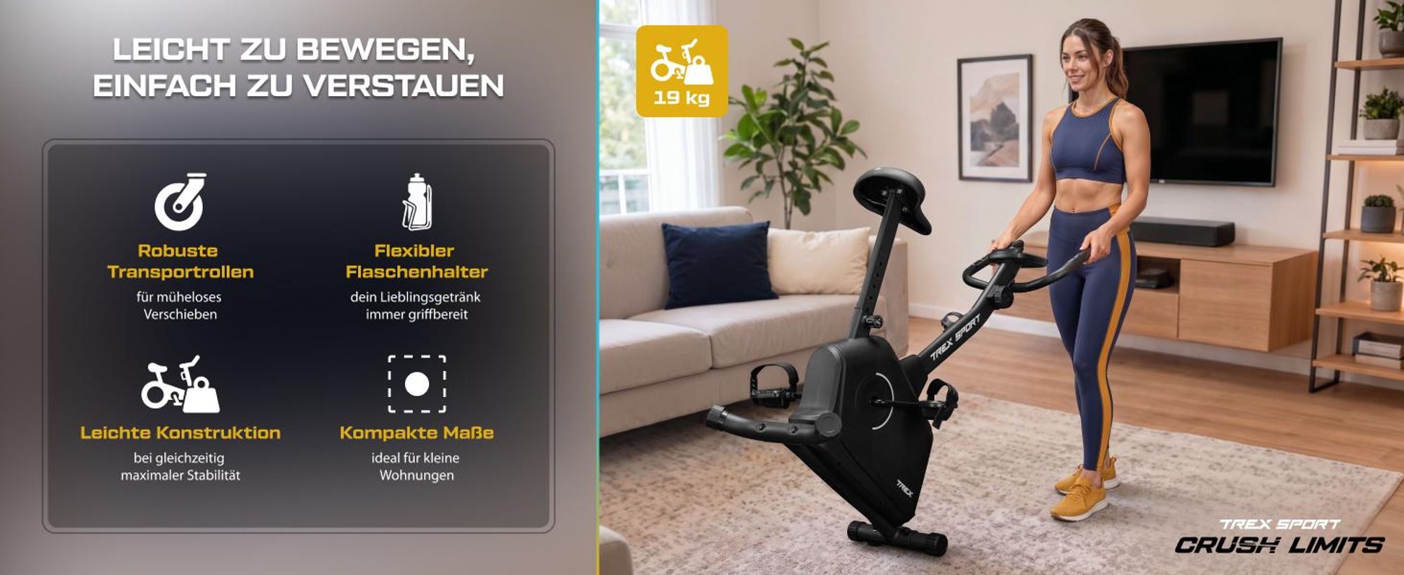 TREX SPORT Heimtrainer Fahrrad für Zuhause TX-380MB RIGON | Magnetisches Fitnessbike, leise | LCD Display, Pulsmesser, 8 Stufen, bis 120kg | Schwarz
