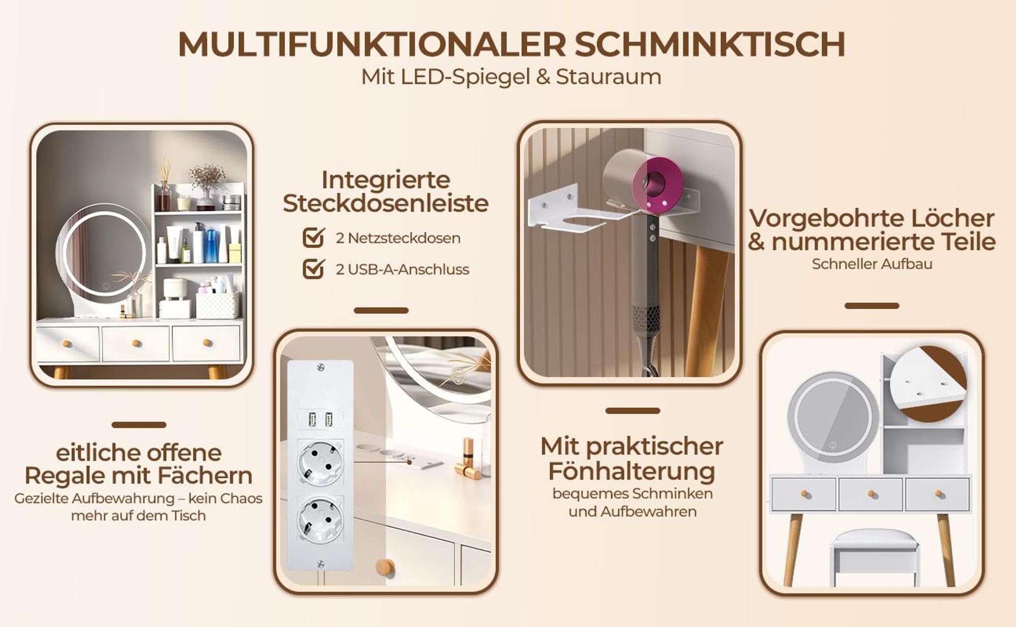 Schminktisch Spiegel mit 3 Schubladen Weiß, Schminktisch Kosmetiktisch Frisiertisch mit gepolstertem Hocker