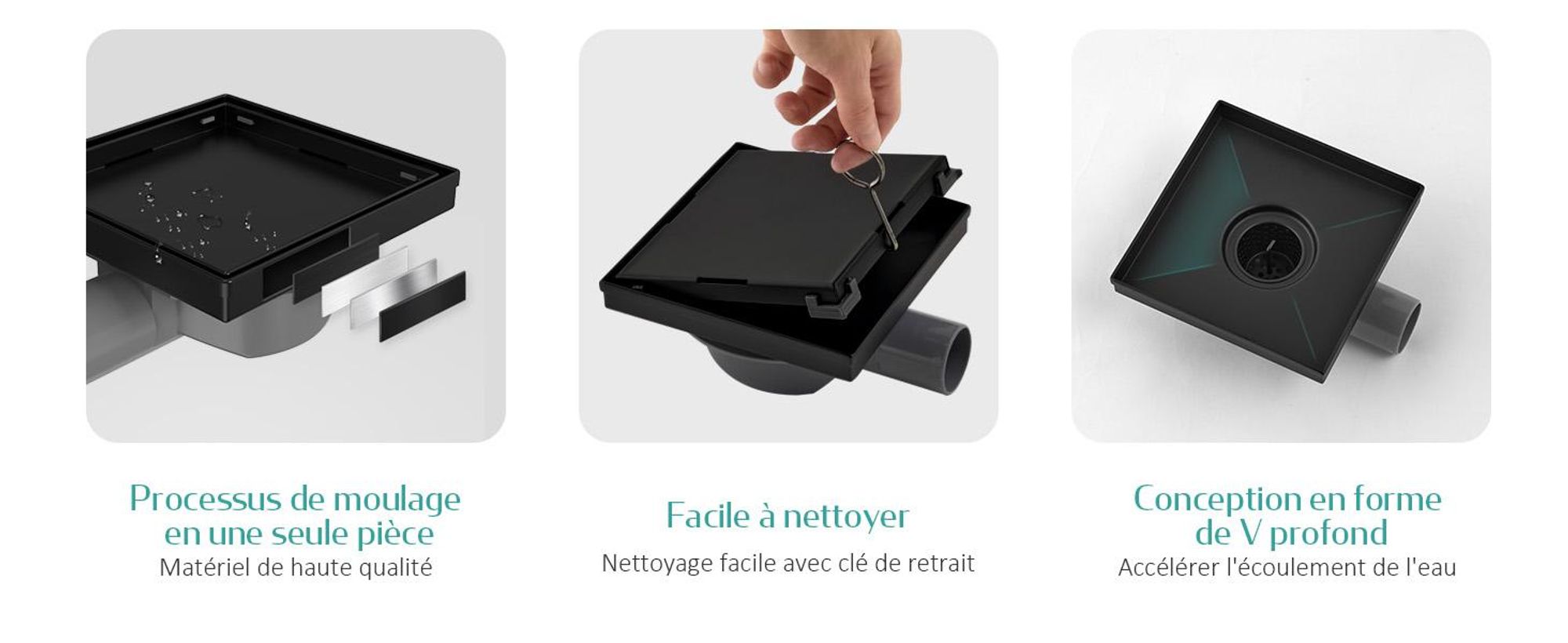 EMKE Siphon de sol en acier inoxydable, angle 152 x 152mm noir mat Garniture d'écoulement avec siphon anti-odeur et tamis à cheveux, kit d'écoulement de douche trou d'écoulement