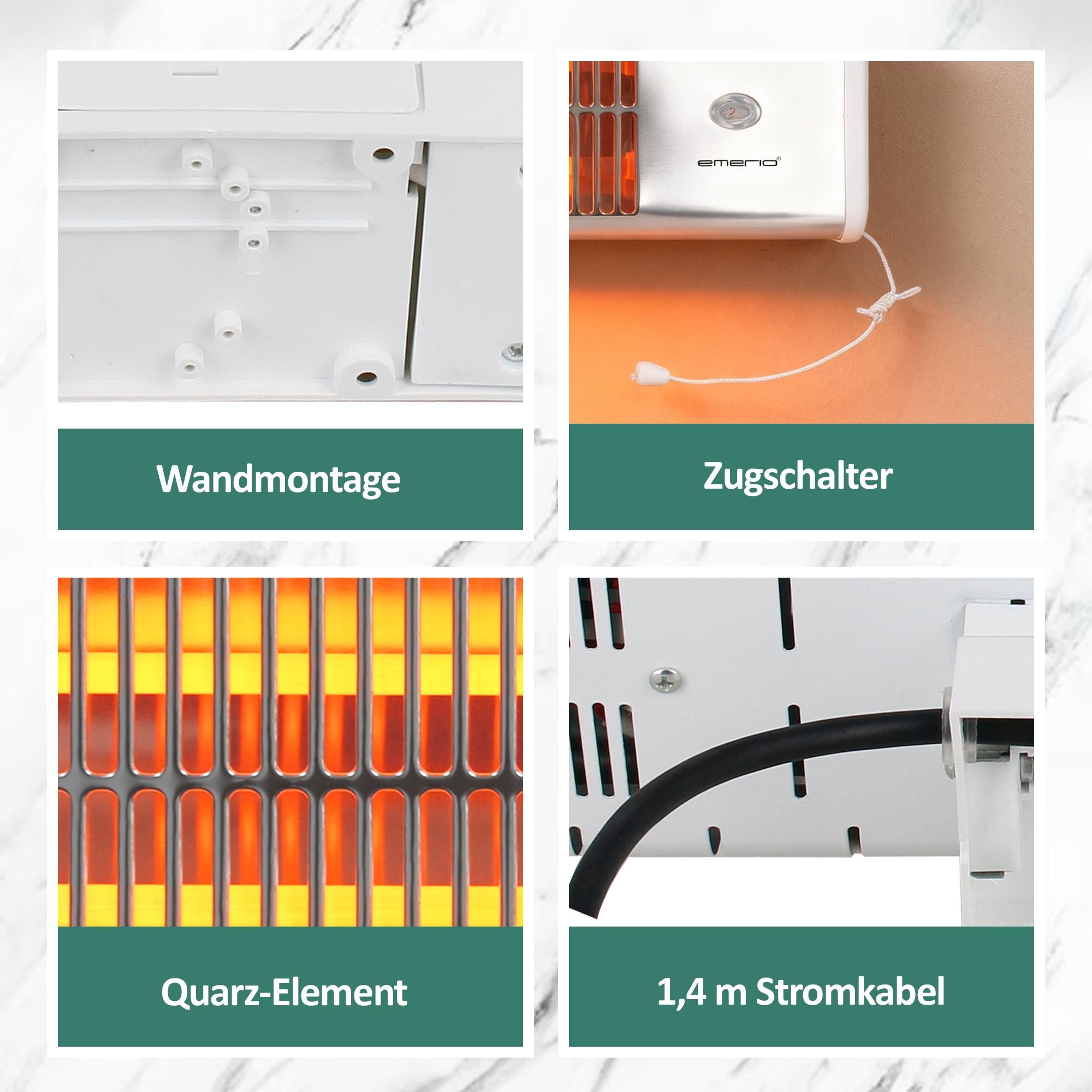 Emerio Quarz-Wandheizung QH-104263.6 – Bis 18 m² – Quarz-Heizelement – 2 Heizstufen – Zugschalter – Wandmontage – 1,4m Kabellänge – 1200W