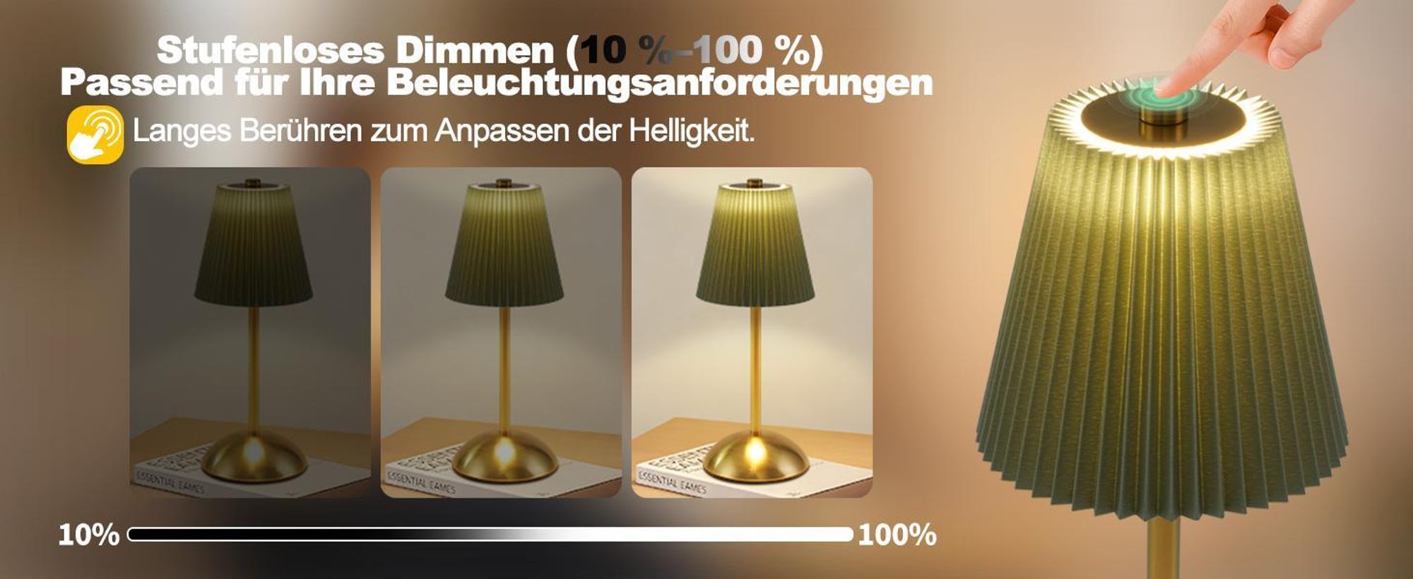 ZMH Lampe de chevet Set de 2 lampes de table sans fil - Lampe de table LED rechargeable Touch Dimmable USB Rechargeable Lampe de salle à manger Tissu Design moderne Lampe de chevet pour le salon Chambre à coucher Table à manger