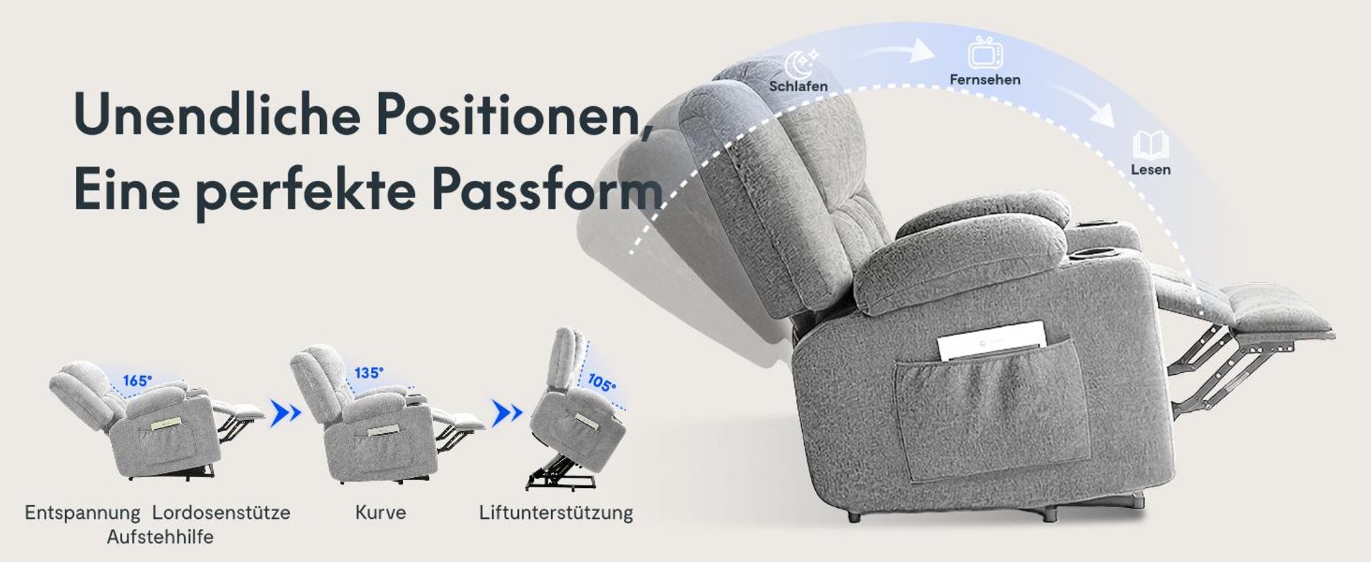 FLEXISPOT XL6 Elektrischer Massagesessel mit Aufstehhilfe, Heizfunktion, USB-Anschluss, 105°-165° verstellbar, belastbar bis 200 kg (Hellgrau)