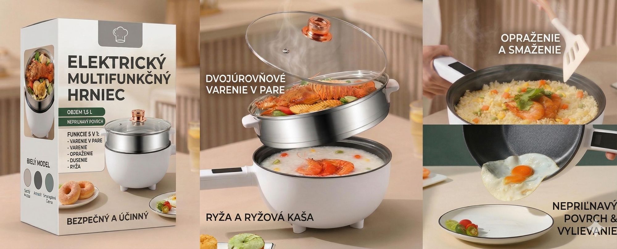 Elektrická panvica s nepriľnavým povrchom s objemom 3L , 1350 W, príslušenstvom na varenie v pare a sklenenou pokrievkou - PANMAX