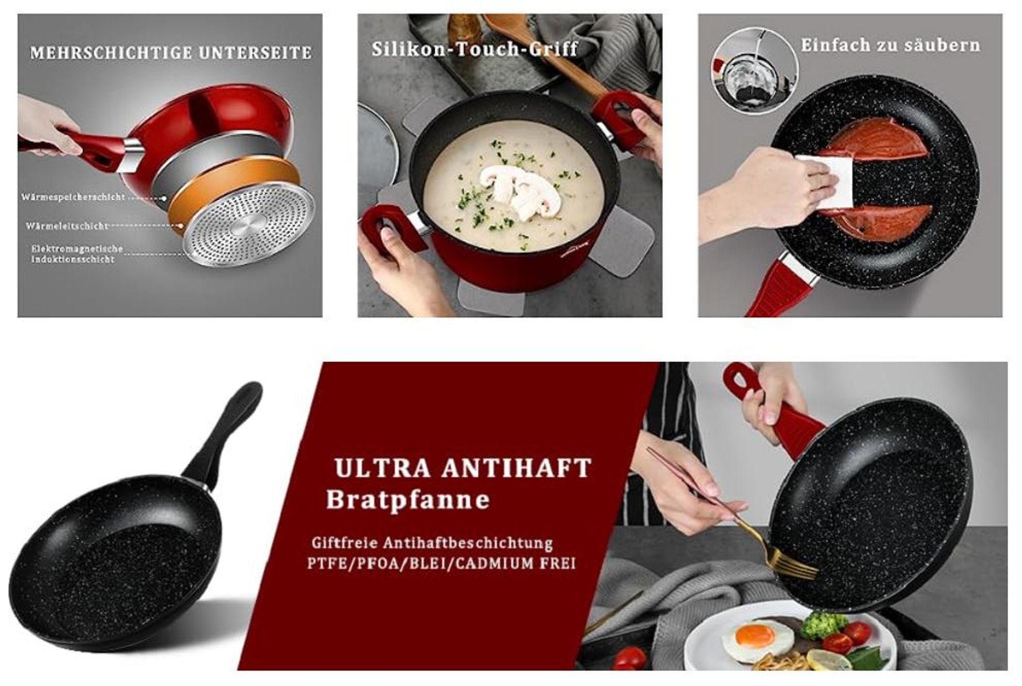 Topfset Induktion 15-Tlg Topfset Pfannenset Kochtopfset, Aluminium Antihaft-beschichtete Töpfe & pfannen,Cookware-Schwarz(HLCW15BK)