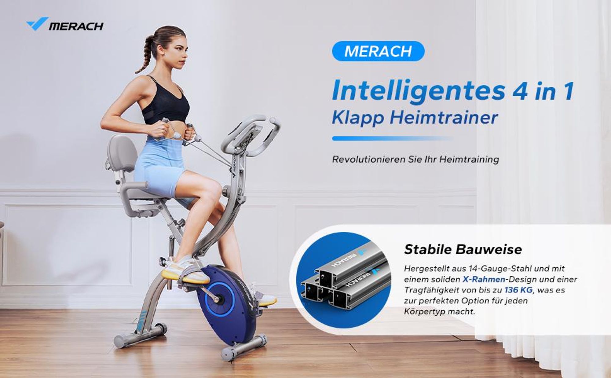 4-in-1 klappbarer Heimtrainer für Zuhause– magnetischer Ergometer mit 16 Stufen, LCD & Pulsmessung, Tabletständer, kompatibel Kinomap, bis 136 kg