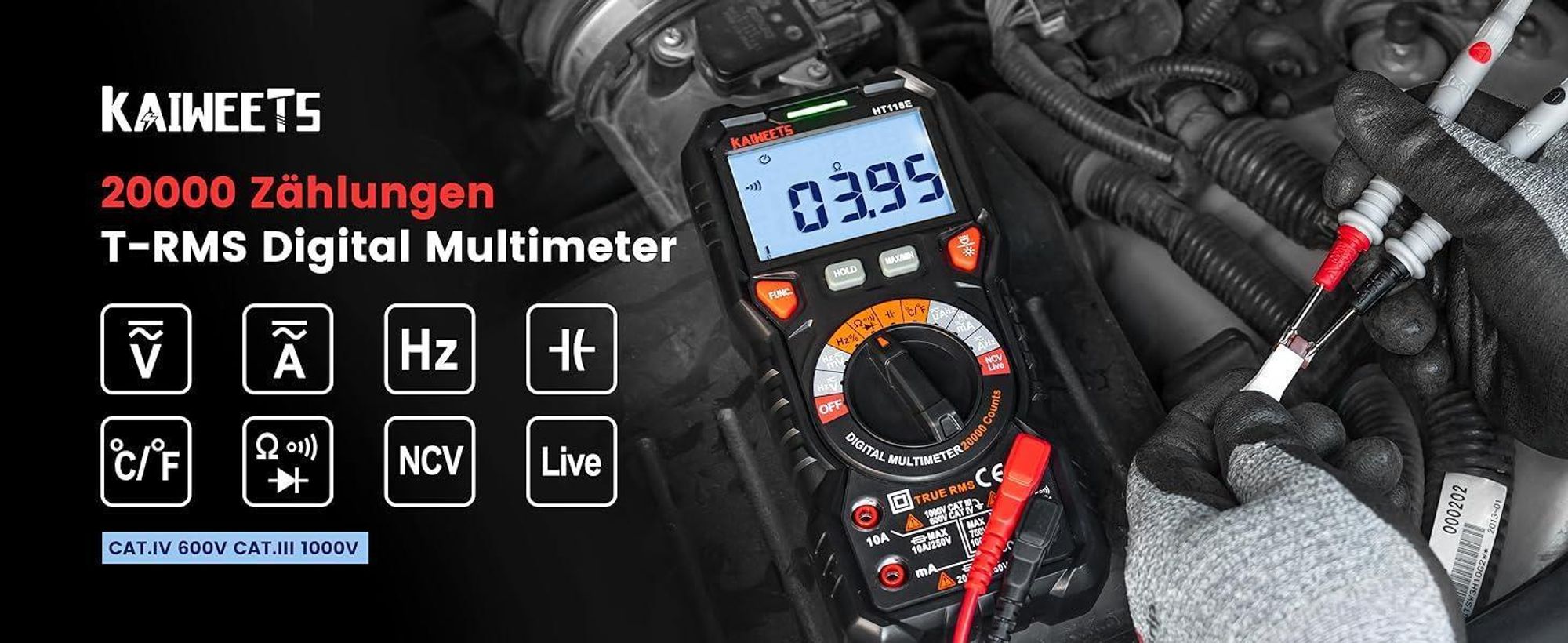 Digital Multimeter mit LED-Buchsen, KAIWEETS HT118E Strommessgerät, True RMS Auto-Range 20000 Zähler, misst Spannung,Kapazität, Temperatur, Widerstand