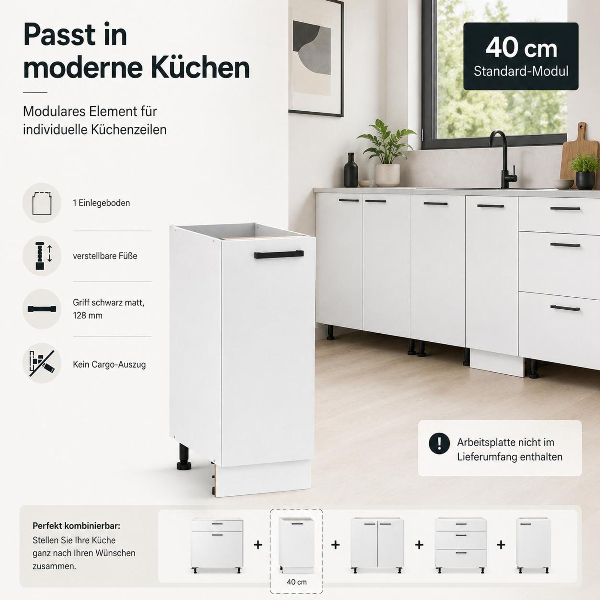 Küchenunterschrank 40 cm Mattweiß: Passt in moderne Küchen & modular kombinierbar.