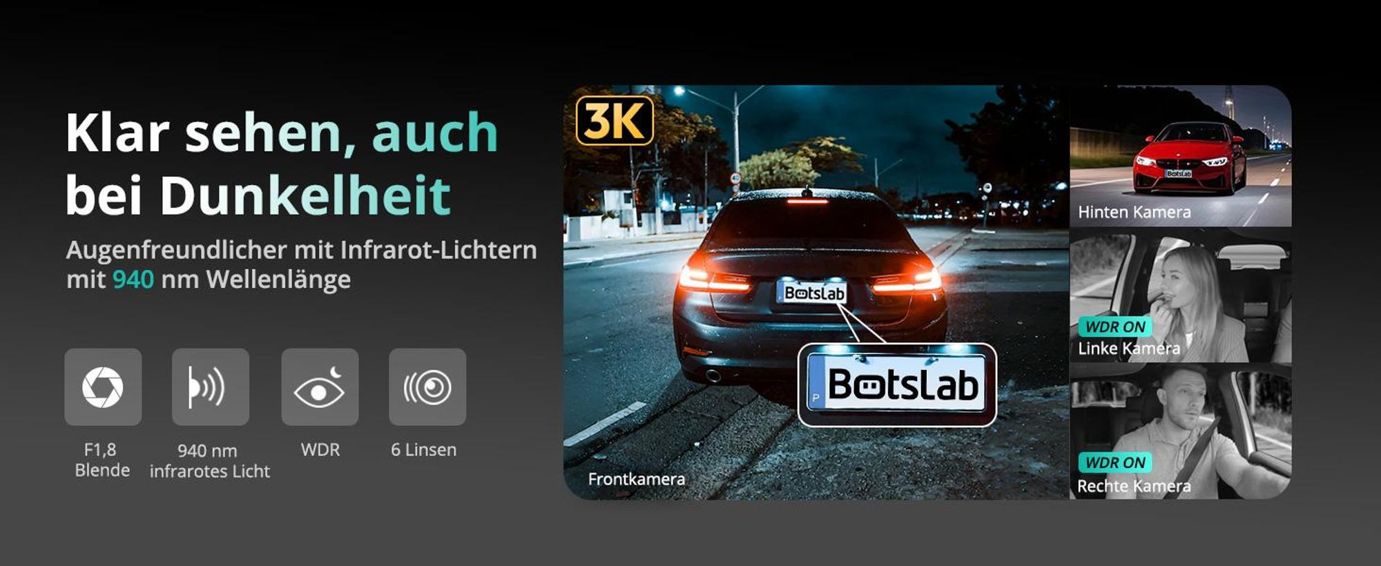 BOTSLAB 4 Kanal Dashcam Auto Vorne Hinten, 4 Channel 3K+3 * 1080P, Autokamera mit 128GB SD Karte, GPS 5GHz WiFi,3.18" IPS-Bildschirm,Super Nachtsicht